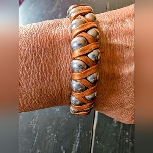 Leather & Metal Men's or Unisex Bead Bracelet Braided Rugged Minimalist Biker